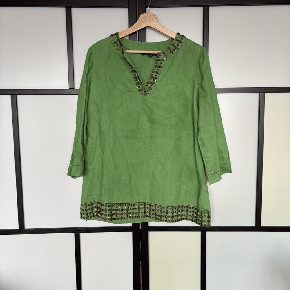 Lafayette 148 100% Linen Tunic Top Women Size Small Beaded Green Coastal Resort